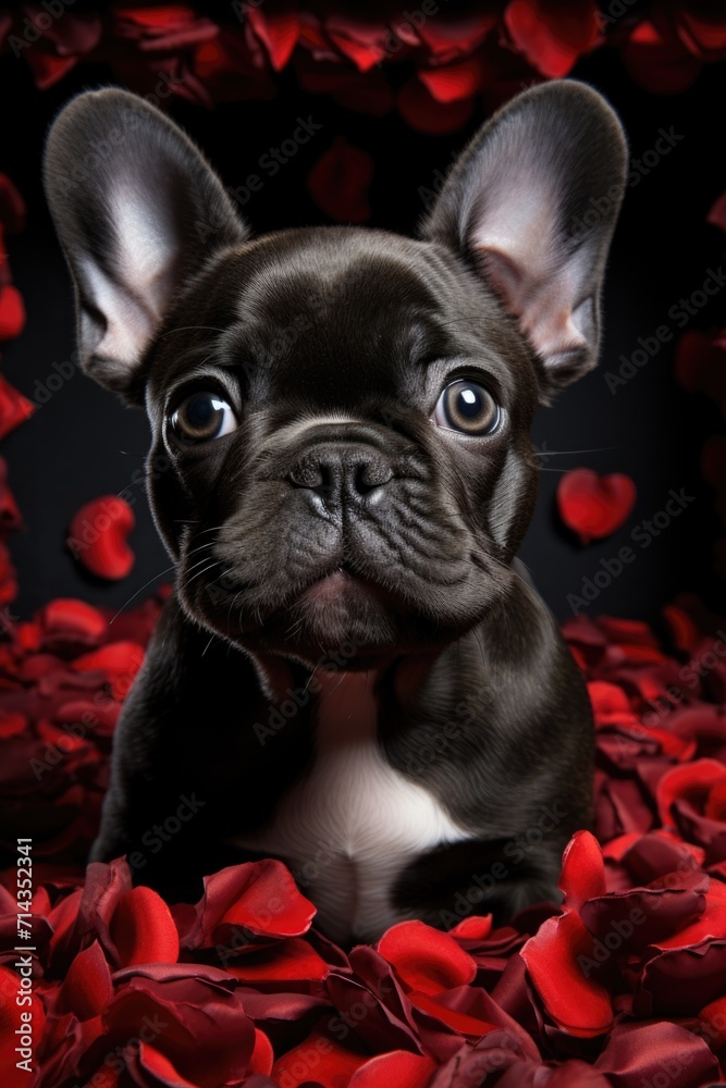 French Bulldog in a Heart Box - Romantic Roses Scene, Valentine's Day Concept