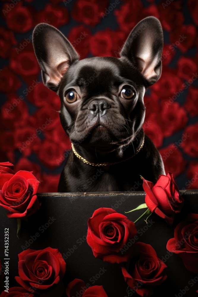 French Bulldog in a Heart Box - Romantic Roses Scene, Valentine's Day Concept