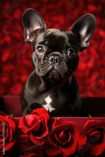 French Bulldog in a Heart Box - Romantic Roses Scene, Valentine's Day Concept © Ivy