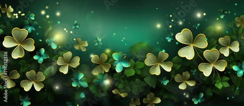 Happy Saint Patrick's Day with green and gold shamrocks clover leaf background. AI generated image