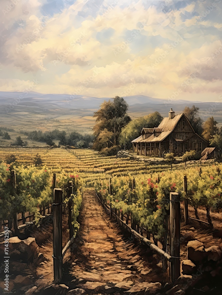 Rustic Vineyard Artistry: Vintage Wine Country Canvas