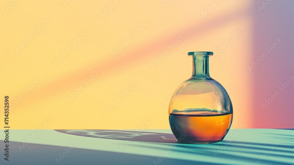 a glass bottle sitting on top of a table next to a shadow of a person's shadow on the floor and a yellow and pink wall behind the bottle. a glass bottle sitting on top of a table next to a shadow of a person's shadow on the floor and a yellow and pink wall behind the bottle.
