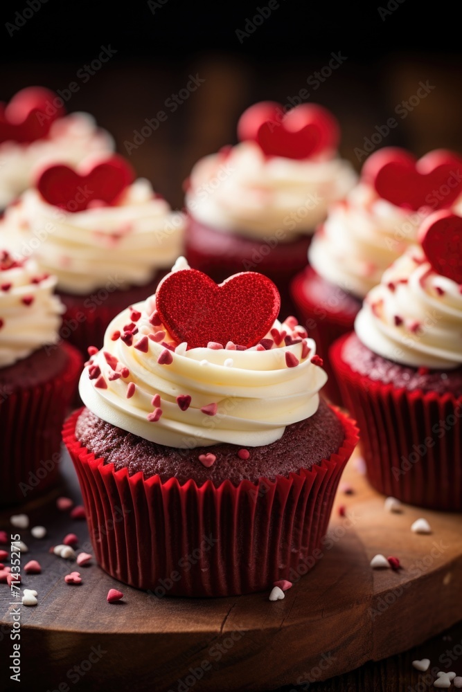 Red Velvet Cupcakes with Heart Toppings - Rich Frosting on Dark Background, Valentine's Day Concept