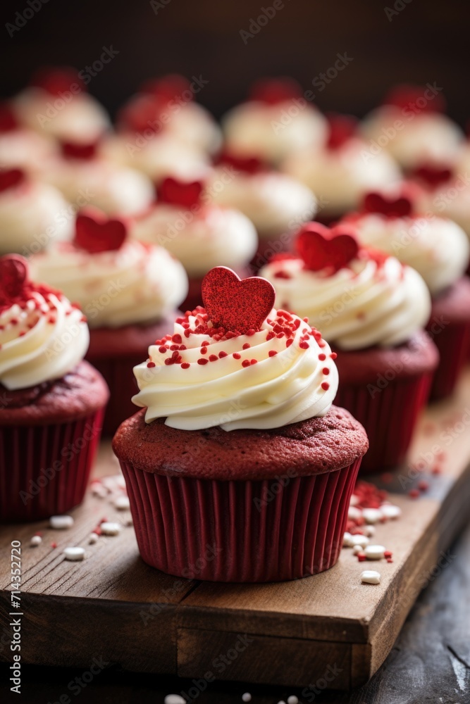 Red Velvet Cupcakes with Heart Toppings - Rich Frosting on Dark Background, Valentine's Day Concept