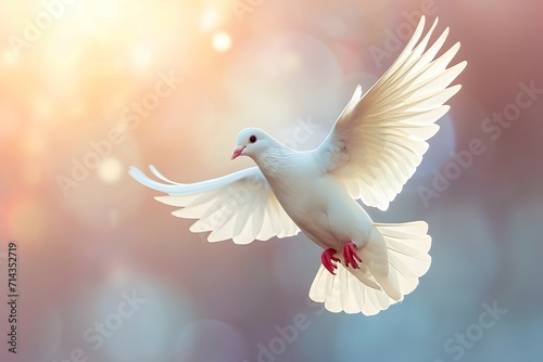 a dove in mid-flight, bathed in ethereal light photo