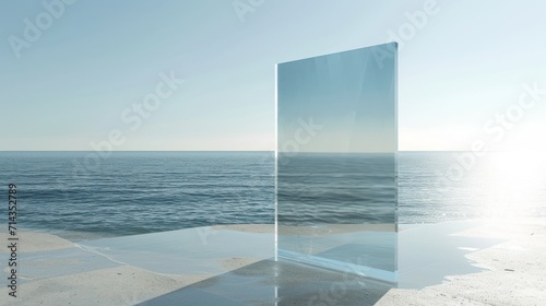  a glass block sitting on top of a beach next to a body of water with the sun shining on the water and the ocean in the distance is a clear blue sky.