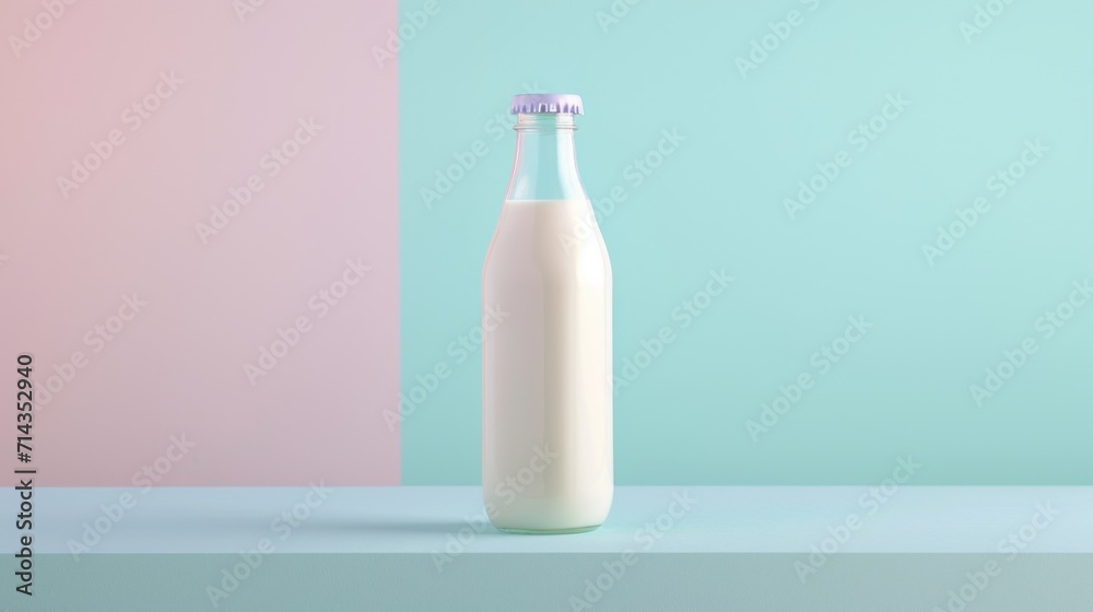  a bottle of milk sitting on top of a table next to a pink and blue wall with a toothbrush sticking out of one of the top of the bottle.