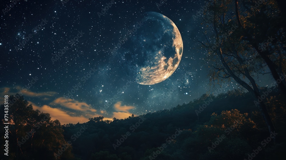 Fototapeta premium a full moon in the night sky with trees in the foreground and trees in the foreground, and a dark sky with stars in the middle of the background.
