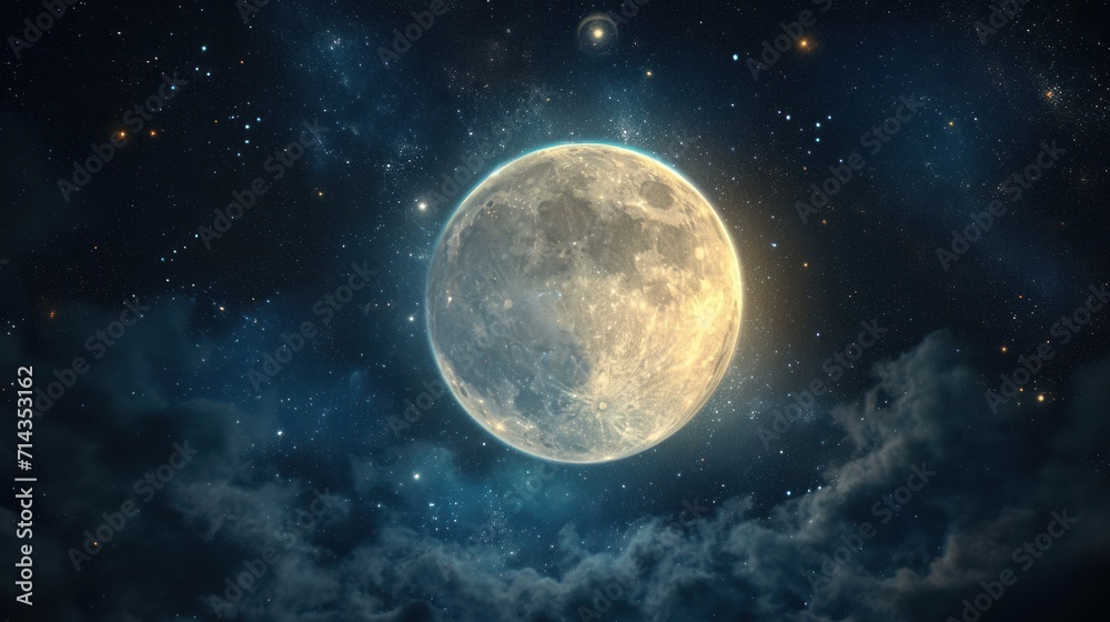  a full moon in the middle of a night sky with clouds and stars in the foreground, and a few stars in the background, and a few clouds in the foreground.