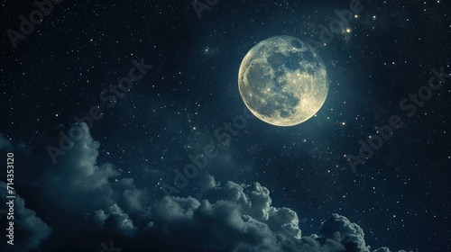  a full moon in the night sky with clouds in the foreground and stars on the far side of the moon in the middle of the middle of the night sky.