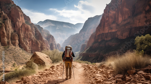 
An exhilarating photograph of a hiker navigating a narrow trail with breathtaking views of a rugged canyon, an adventure amidst the grandeur of nature photo