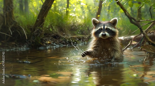  a raccoon splashes water in a stream in a wooded area of green grass and trees, while standing in the water, looking at the camera man.
