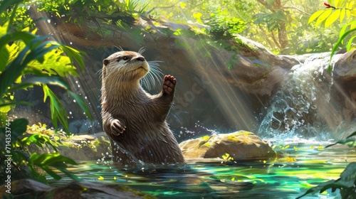  a painting of a beaver standing in a stream of water with his paw up in the air and his paw up in the air as if he is in the air.
