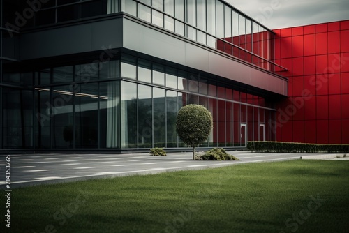 Modern geometric red wall office building on clear sky. Generate AI image photo