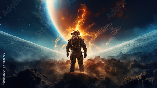An otherworldly digital artwork that depicts an astronaut in a serene spacewalk, the majestic Earth providing a mesmerizing background.