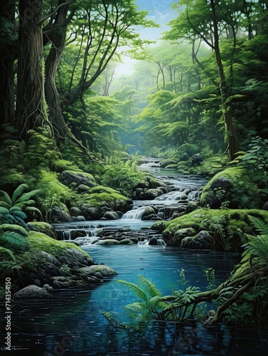 Tranquil Forest Waterfalls: A Serene Stream of Field Painting