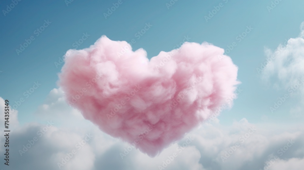 A dreamy heart-shaped cloud, soft and fluffy as cotton candy banner, floats gently in the tranquil pastel pink sky, evoking a sense of love and whimsy.