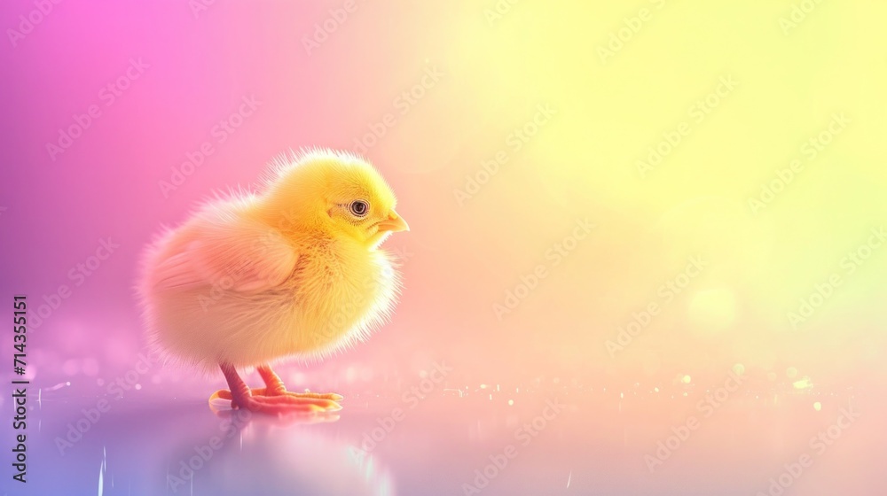 A fluffy yellow chick, glistening with a semi-transparent and ethereal glow, celebrates the joy and tenderness of Easter and the springtime.