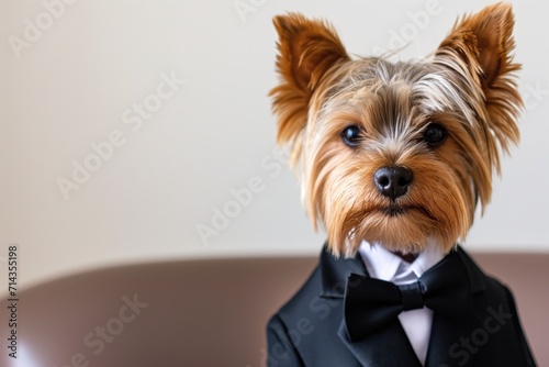 Portrait of a Yorkshire Terrier dog dressed in a formal tuxedo suit