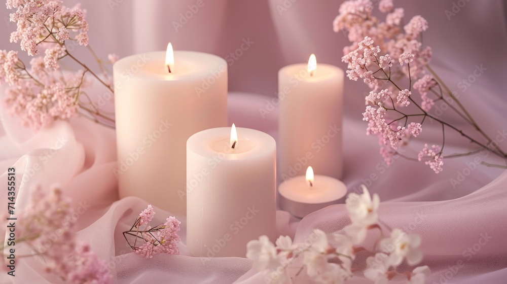 a group of three white candles sitting next to each other on a pink cloth with pink and white flowers in the middle of the candles and a few pink flowers in the middle. a group of three white candles sitting next to each other on a pink cloth with pink and white flowers in the middle of the candles and a few pink flowers in the middle.