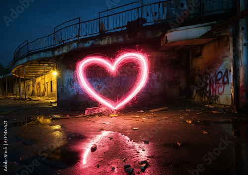 Light painted neon heart in dark urban environment