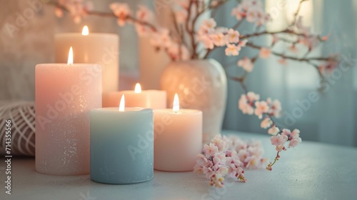  a group of lit candles sitting on top of a table next to a vase with flowers in it and a string of twine on the side of the table.