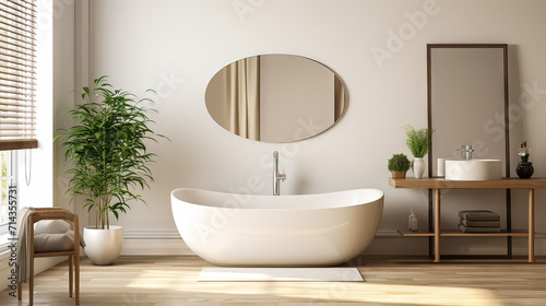 Interior of modern bathroom with white bathtub