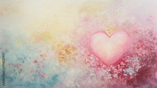  a painting of a pink heart on a blue  yellow  pink  and white background with lots of small flowers and leaves on the left side of the heart.