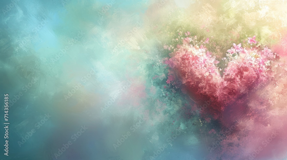 Fototapeta premium a painting of a heart shaped object on a blue, green, pink, and yellow background with a blue sky in the background and a light blue sky in the middle.
