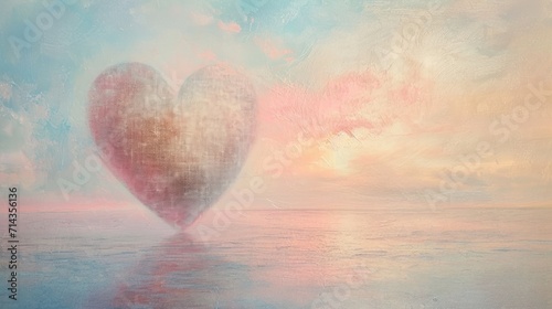  a painting of a heart in the middle of a body of water with a pink and blue sky in the background and a pink and blue sky in the foreground.