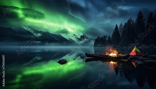View of night sky with aurora borealis and mountain peak background. Night glows in vibrant aurora reflection on the lake with forest. © Virgo Studio Maple