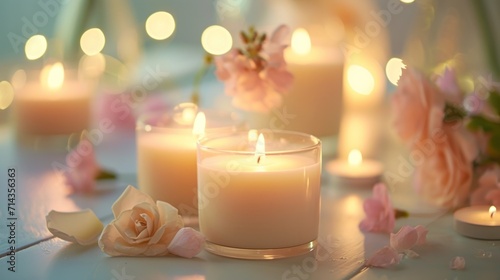  a group of candles sitting on top of a table next to a vase filled with flowers and a candle with a lit candle in the middle of the middle of the candles.