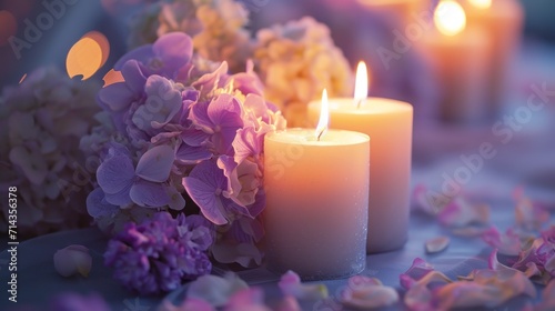  a couple of white candles sitting on top of a table next to a bunch of purple and white flowers on a white table cloth with purple flowers on the side of the table.
