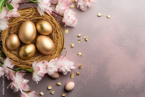 Golden eggs in nest with pink flowers on pastel background