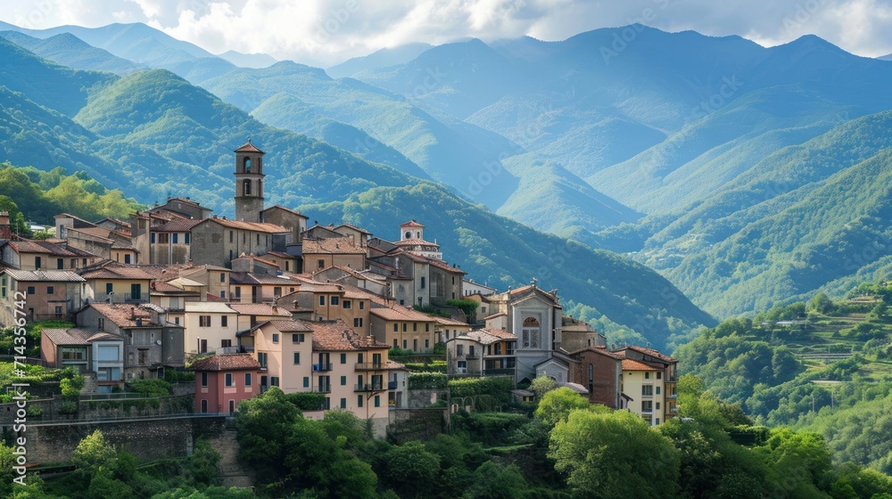  a village in the middle of a mountain range with a steeple in the back ground and a steeple in the middle with a steeple in the background.