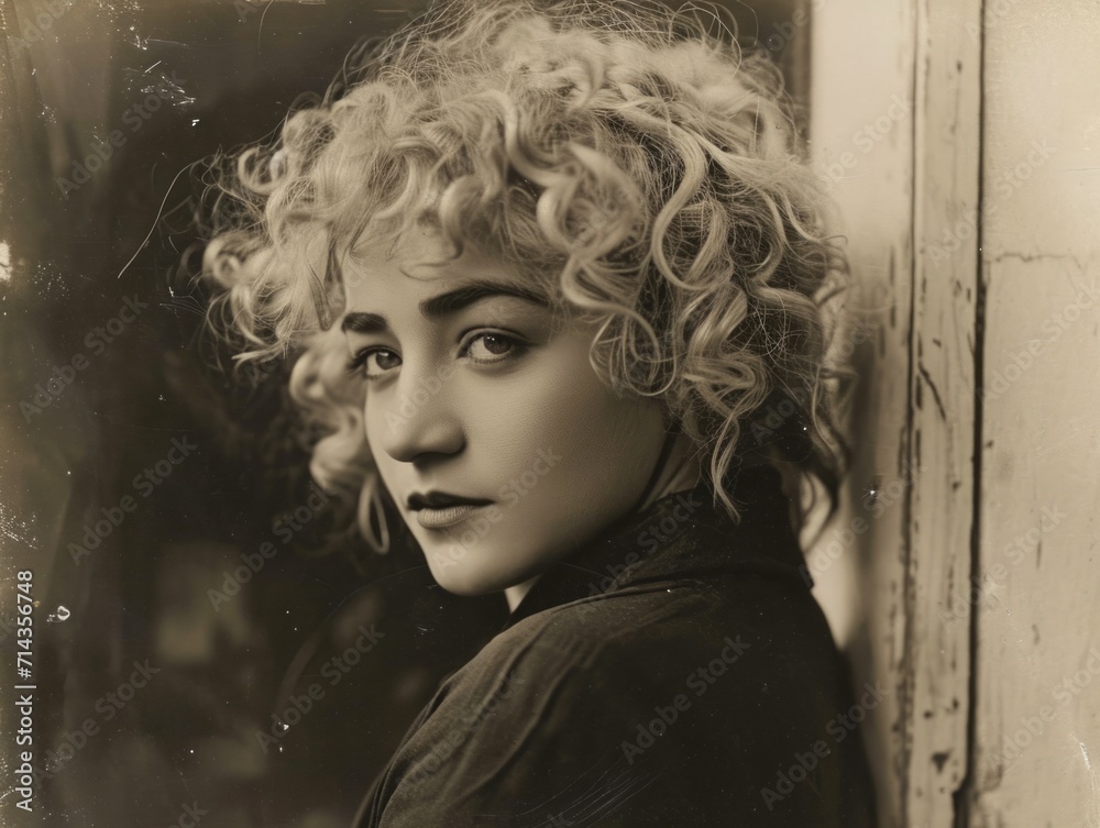 Photorealistic Adult Persian Woman with Blond Curly Hair vintage Illustration. Portrait of a person in 1920s era aesthetics. Historic photo style Ai Generated Horizontal Illustration.