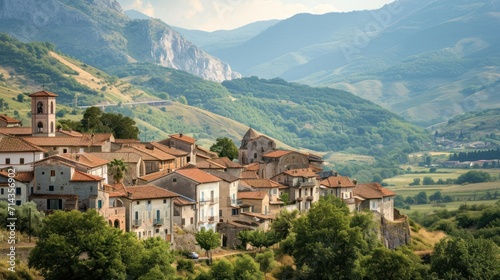  a view of a village in the mountains with a church on the top of one of the buildings and a bridge on the other side of the village, with mountains in the background.