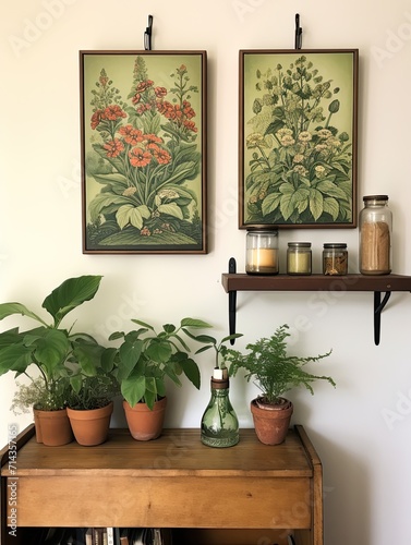 Whimsical Botanical Wall Hangings: Field Painting Greens and Vintage Print