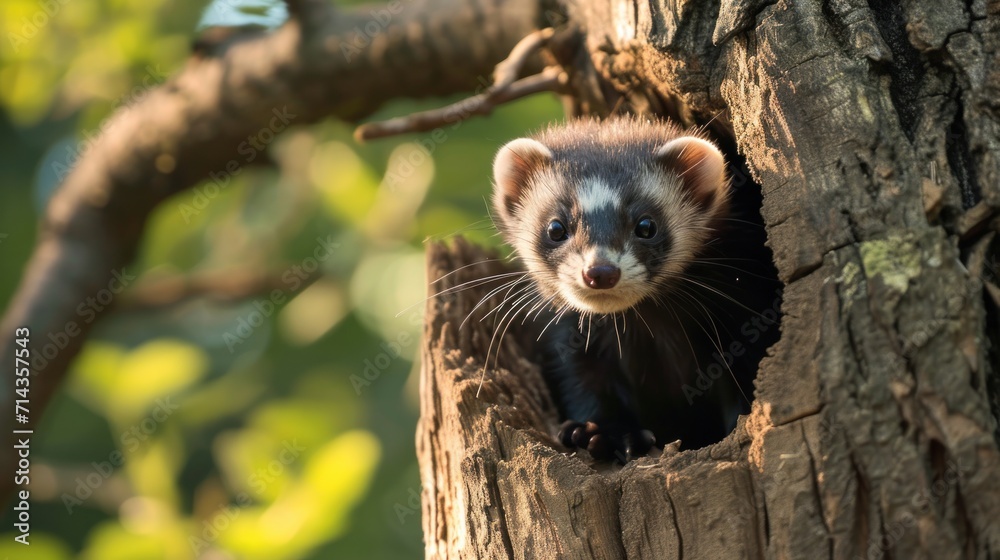  a black and white ferret in a tree looking out of a hole in the bark of a tree trunk, with green leaves in the background, on a sunny day.