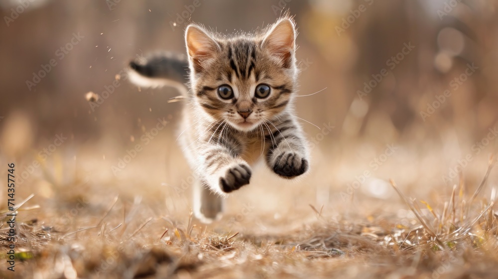 a small kitten running through a field with it's front paws on it's hind legs and paws on it's back paws, with a blurry background. a small kitten running through a field with it's front paws on it's hind legs and paws on it's back paws, with a blurry background.