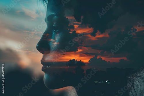 The fusion of a human silhouette with cloud-like textures photo