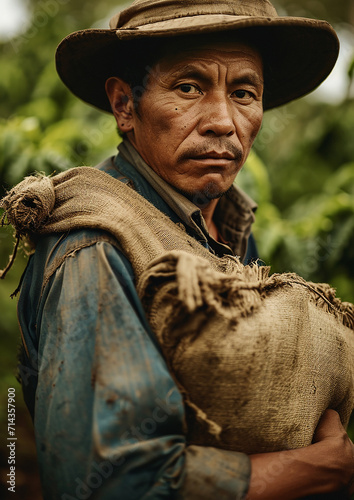 Coffee Farmer standing in the coffee plantation, clad in a blue shirt and a rugged hat, with a burlap sack slung over his shoulder.