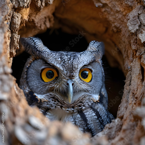 An owl peeking from hole in a tree