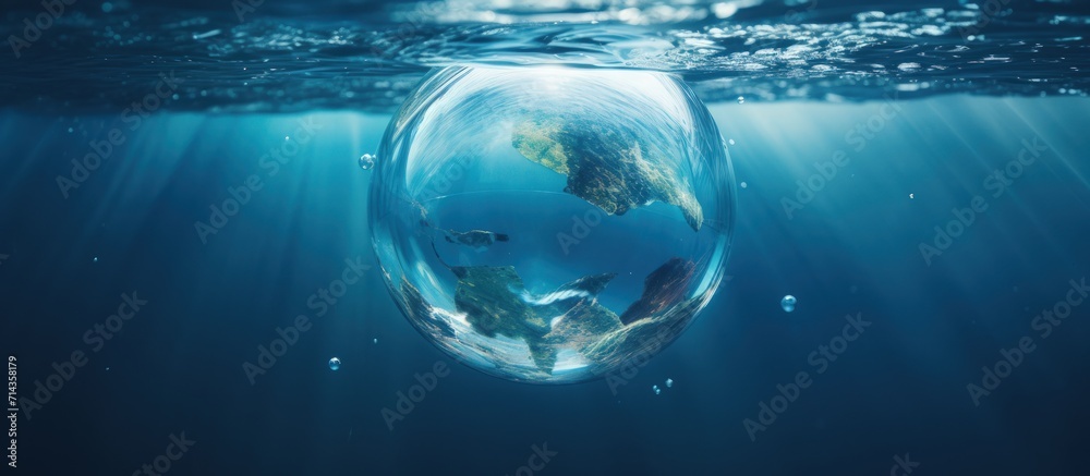 Closeup floating transparent blue earth globe on the deep sea water. Generate AI - obrazy, fototapety, plakaty 
