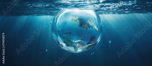 Closeup floating transparent blue earth globe on the deep sea water. Generate AI photo