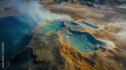  an aerial view of a body of water with steam rising out of the water and steam rising out of the water from the top of the water to the bottom of the water. © Anna