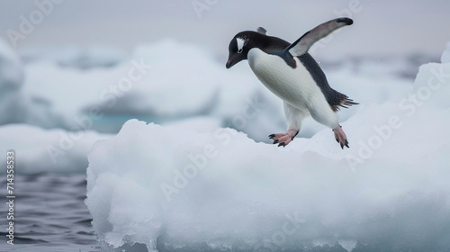 Adelie Penguin jumping between two ice floes. black heads and backs with white bellies AI Generative photo