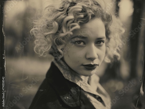 Photorealistic Adult White Woman with Blond Curly Hair vintage Illustration. Portrait of a person in 1920s era aesthetics. Historic photo style Ai Generated Horizontal Illustration.