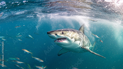 Attack great white shark. Great white shark with open mouth. Watch out sharks attack. AI Generative