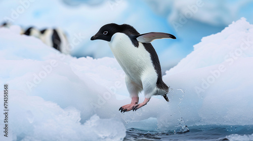 Adelie Penguin jumping between two ice floes. black heads and backs with white bellies AI Generative photo
